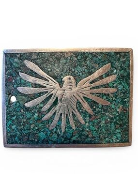 Vintage Mexican Silver and Turquoise Inlay Belt Buckle